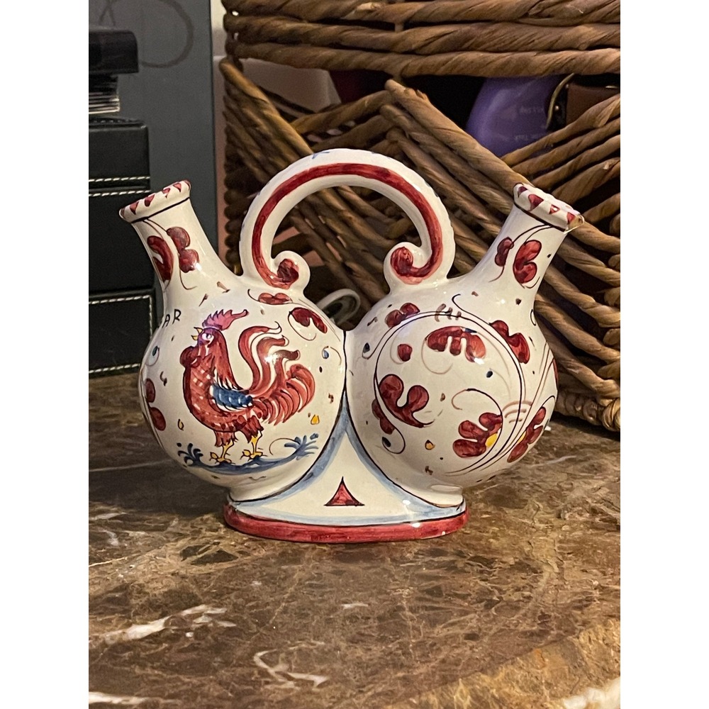 Grazia Deruta Italy Hand Painted Ceramic Oil and Vinegar Cruet Rooster Motif - Picture 2 of 6
